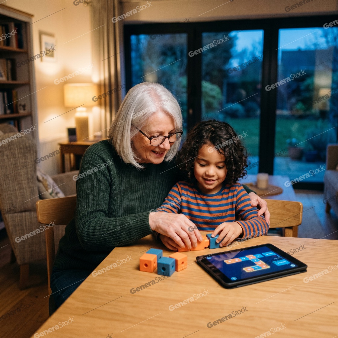 Grandmother and grandson playing with educational STEM blocks and a digital tablet in a cozy living room