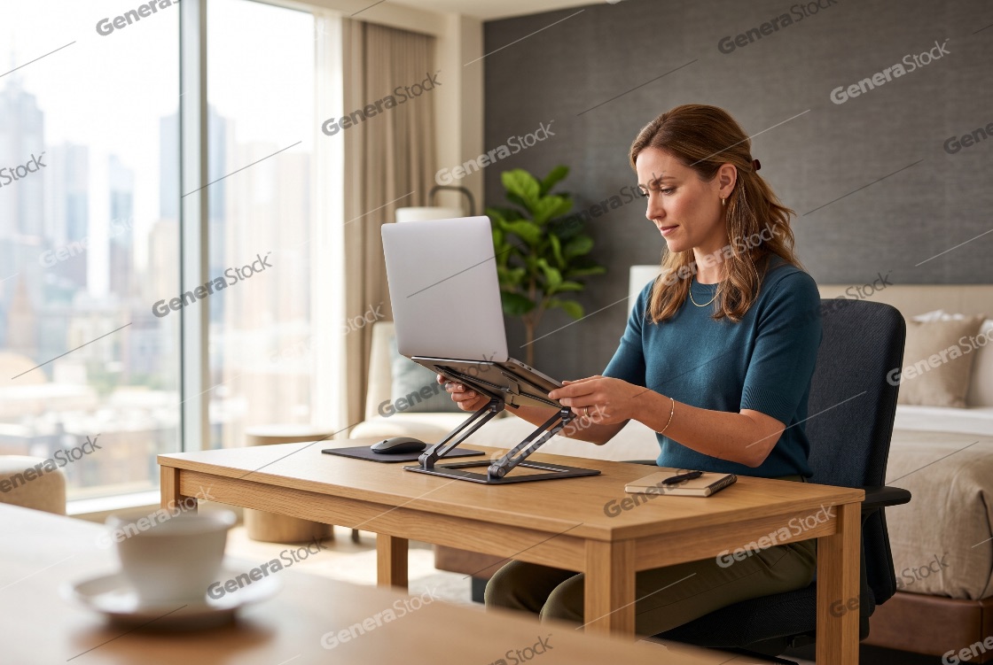 Professional Businesswoman Adjusting Laptop on Ergonomic Stand in Modern Hotel Room