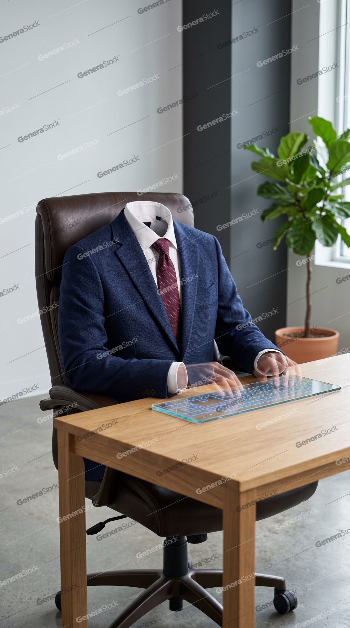 Invisible businessman in a blue suit typing on a futuristic transparent glass keyboard in a modern office