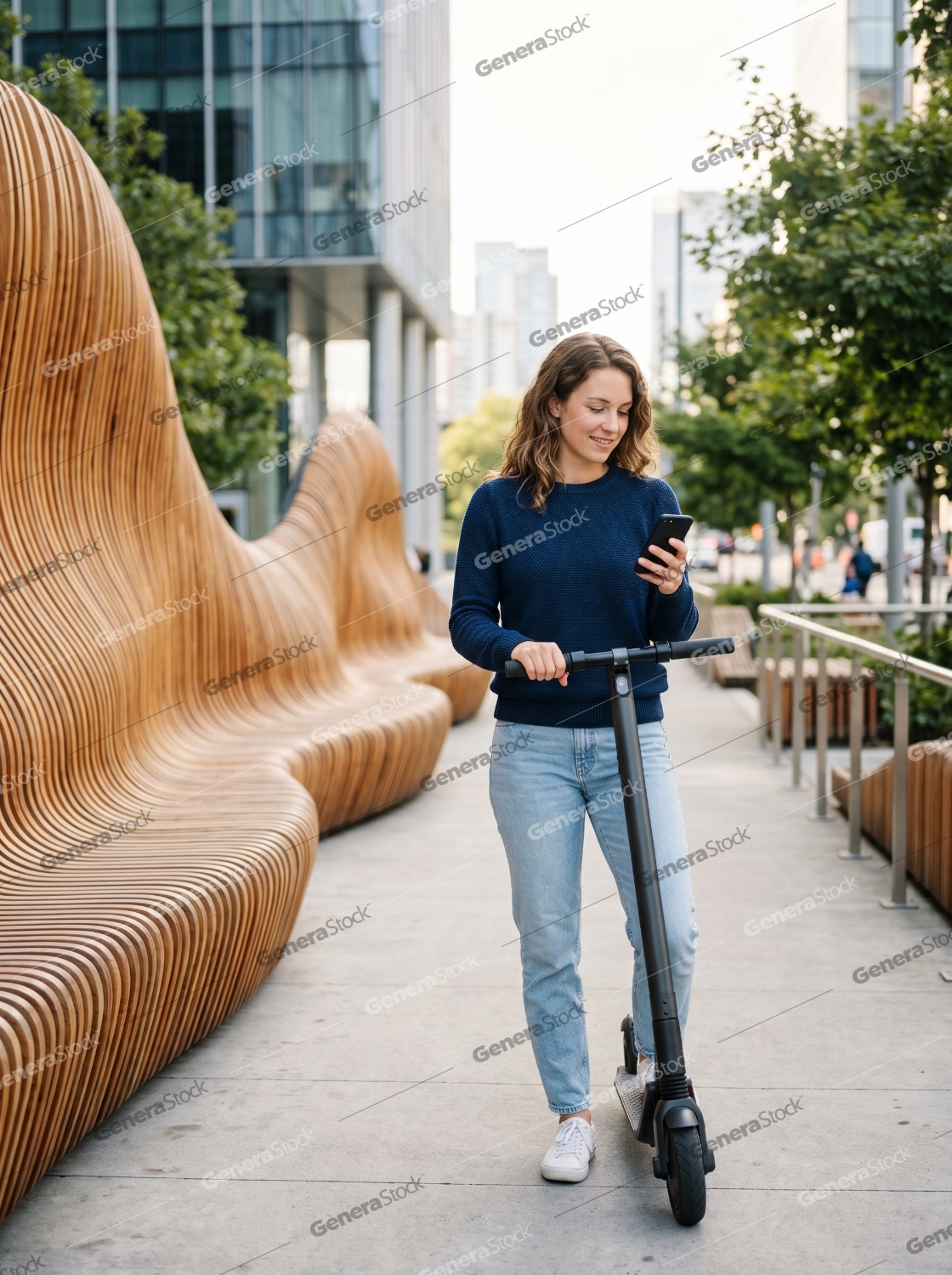 Happy young woman using a smartphone while standing on an electric scooter in a modern urban park with a unique wooden bench