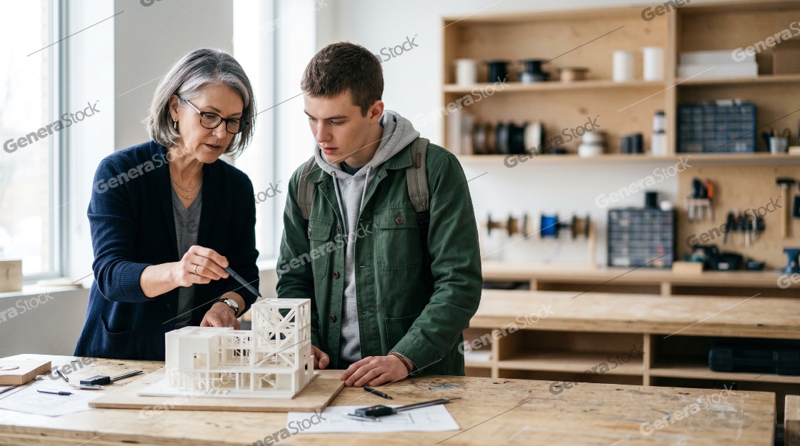 Female Architect Mentor Explaining a 3D Architectural Model to a Young Student in a Workshop