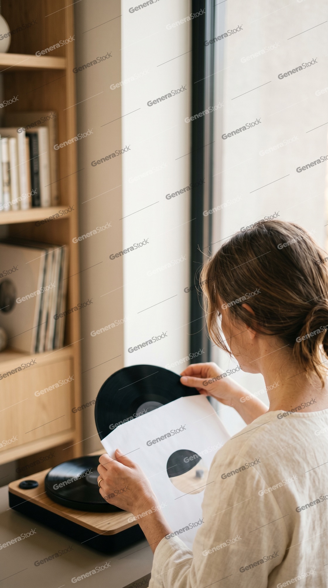 Young woman taking a black vinyl record out of a white paper sleeve to play on a modern turntable at home