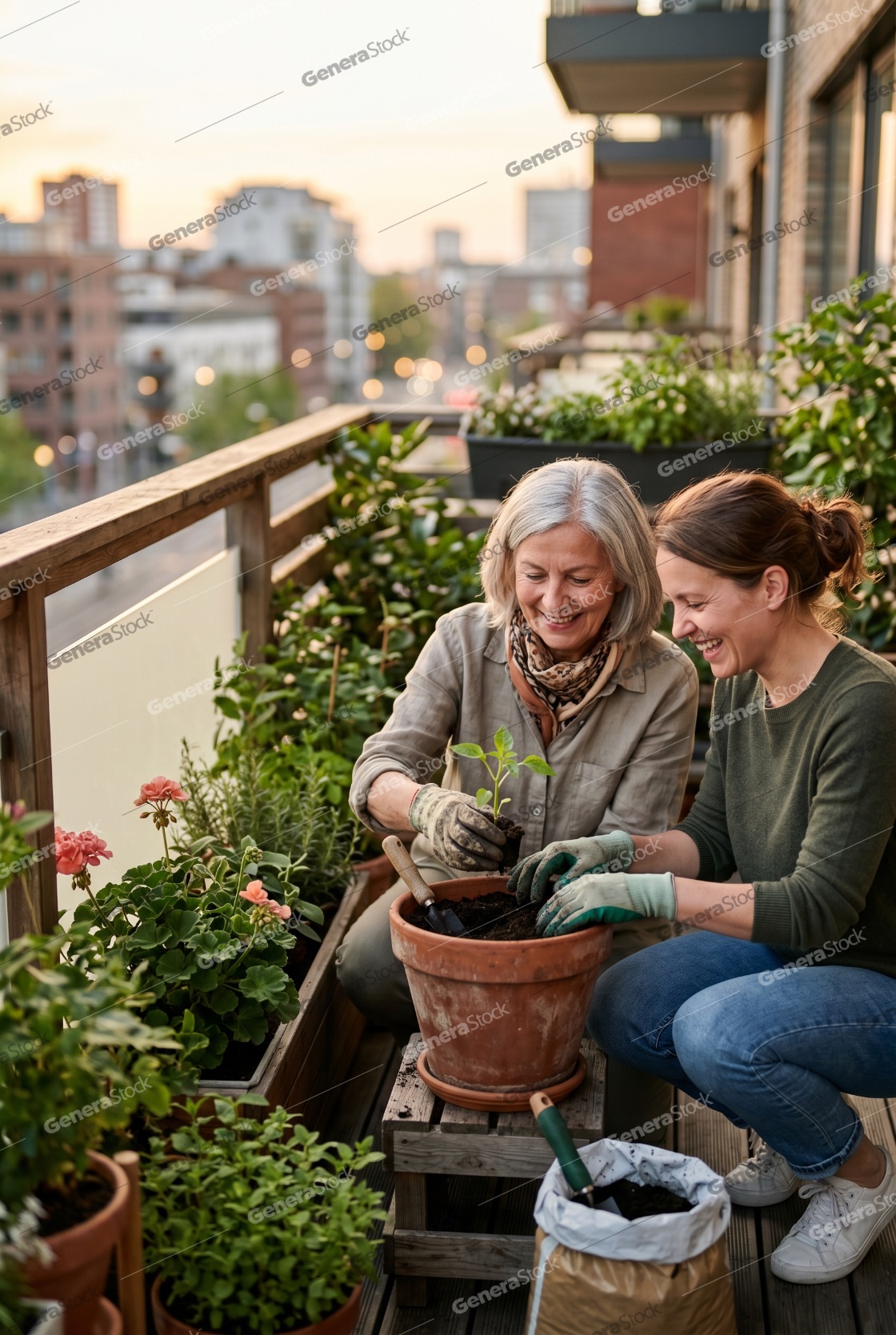 Happy Senior Mother and Adult Daughter Gardening Together on an Urban Balcony at Sunset