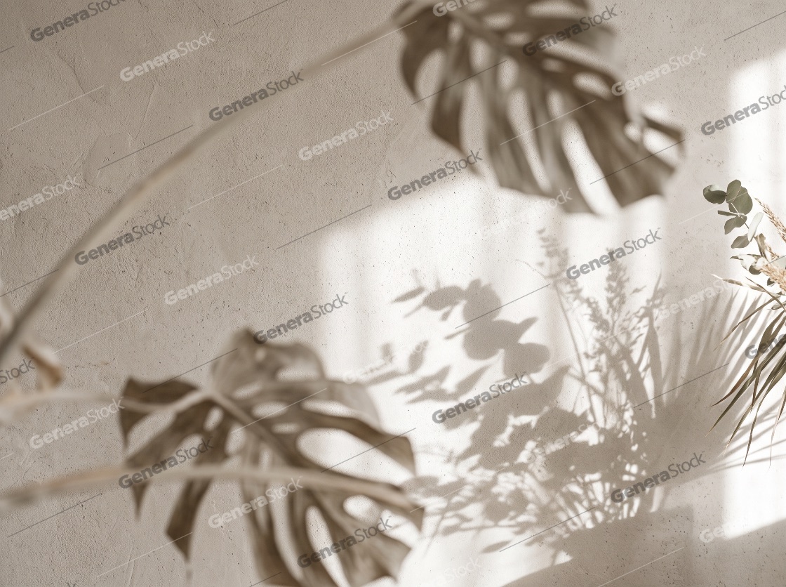 Shadow of tropical leaves on a beige textured wall background wi