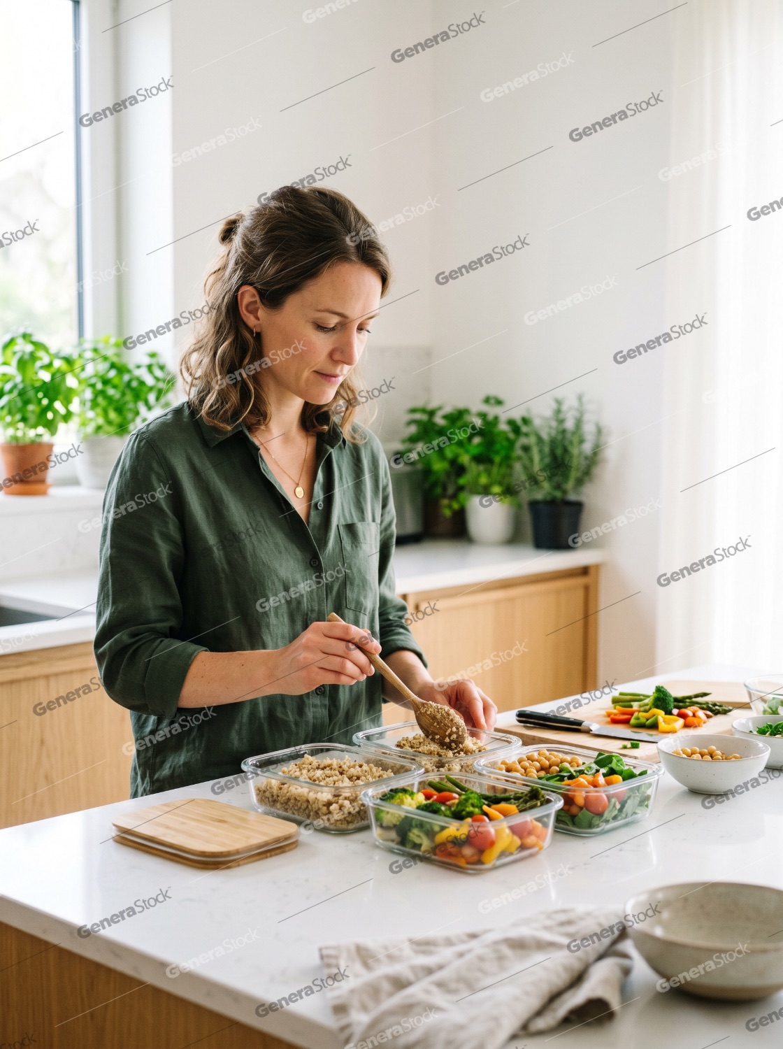 Young woman preparing healthy meals in glass containers in a bright, modern kitchen, focusing on meal planning and a balanced diet