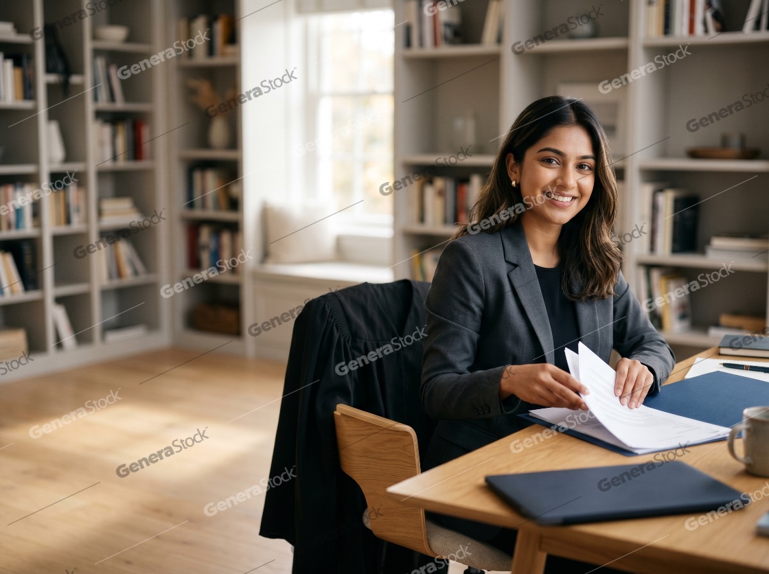 Portrait of a smiling young female lawyer or professional sitting at a desk with documents in a library office, with a graduation gown on her chair