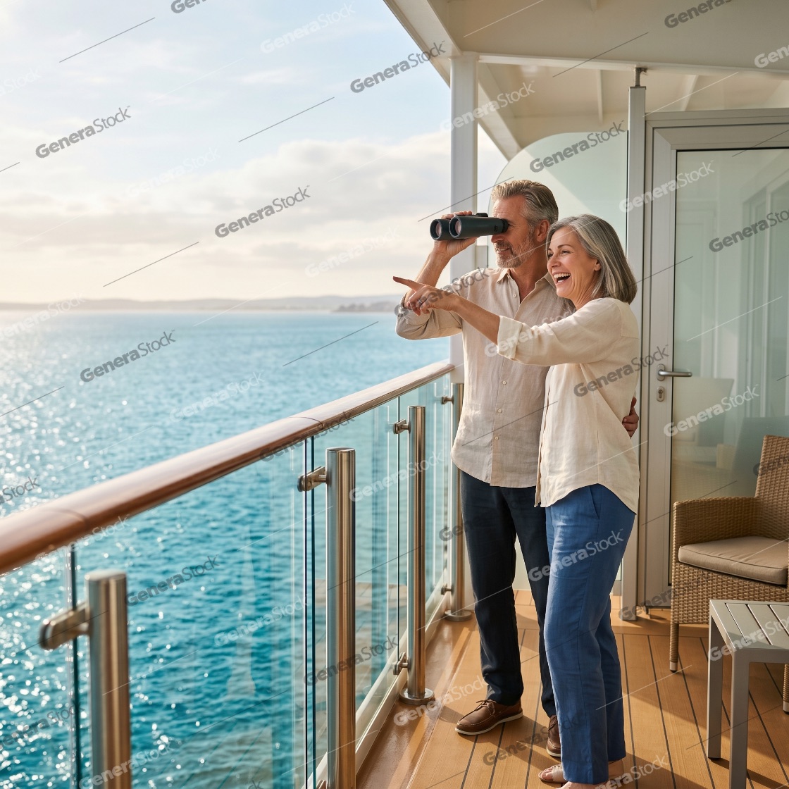 Happy senior couple on a cruise ship balcony, man looking through binoculars while woman points at the horizon during a sunny day