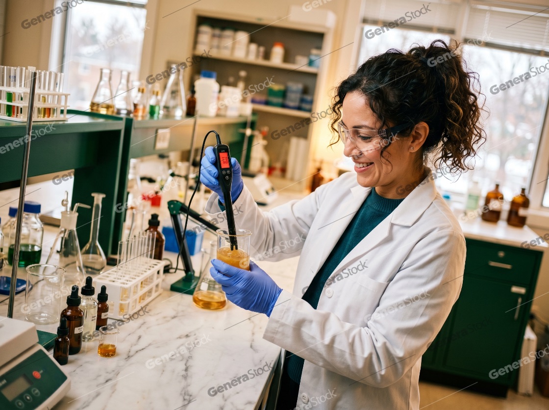 Professional female scientist in a white lab coat and safety goggles using a digital pH meter to test a liquid sample in a laboratory