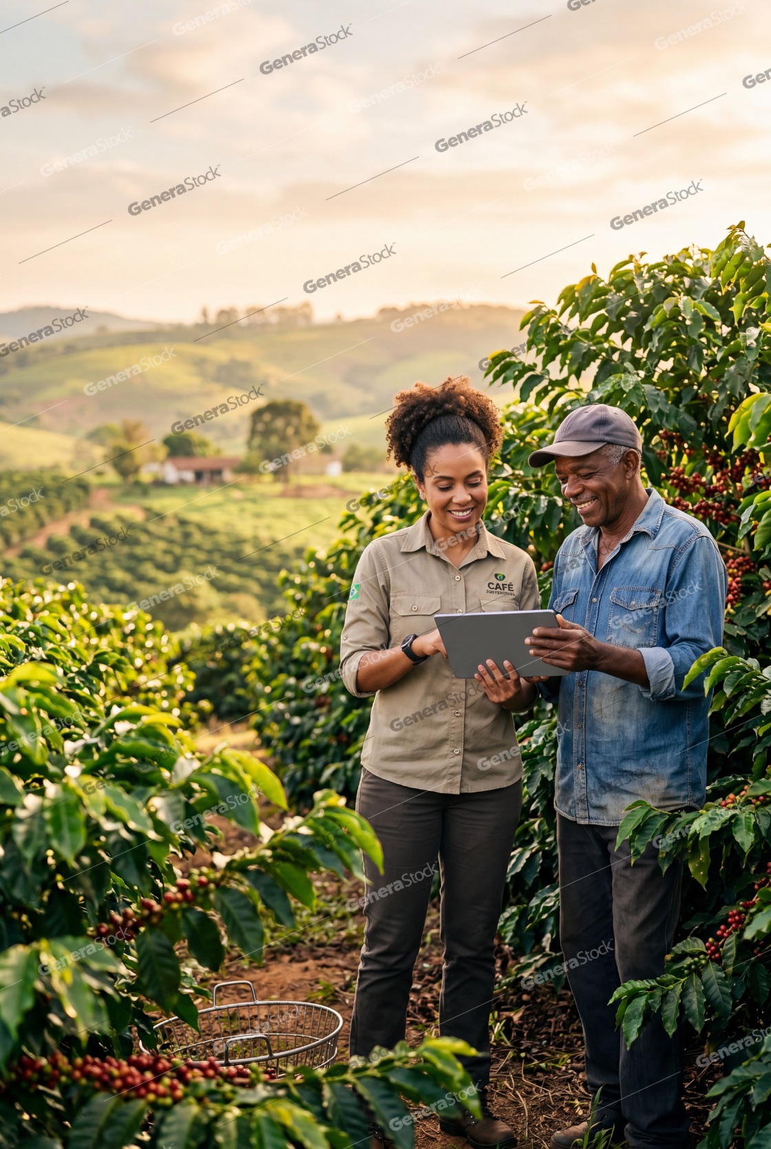 Smiling female agronomist and senior farmer collaborating with a digital tablet in a lush coffee plantation at sunset