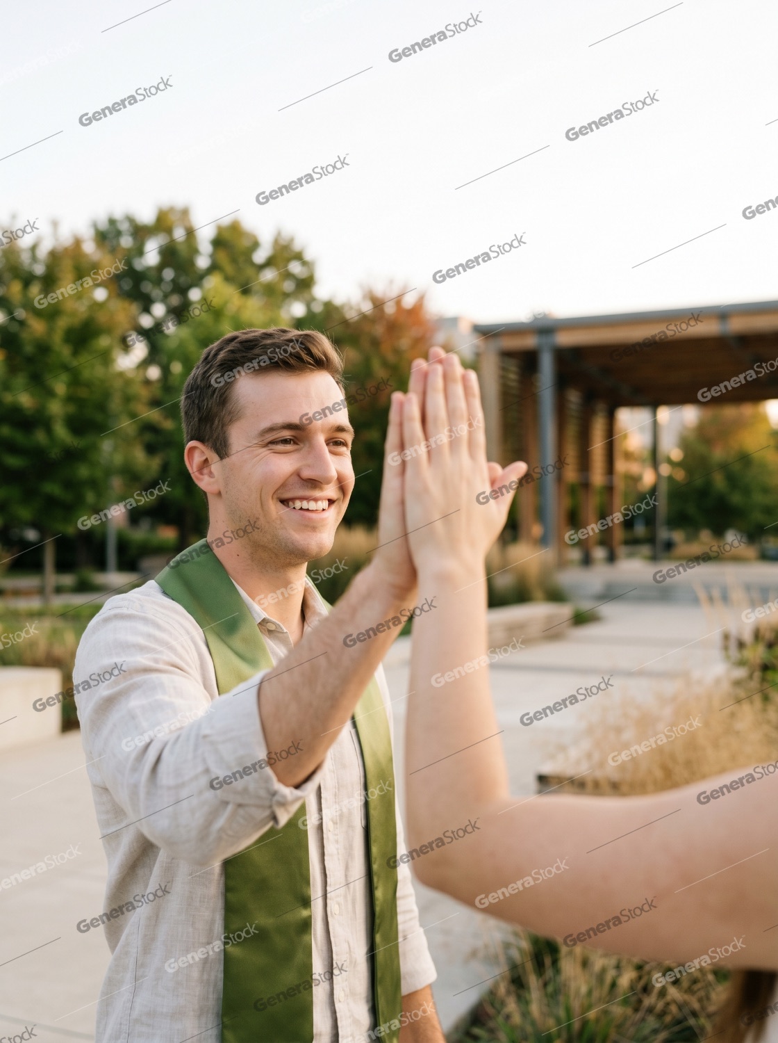 Happy young male graduate in green stole giving a high-five to celebrate his achievement outdoors