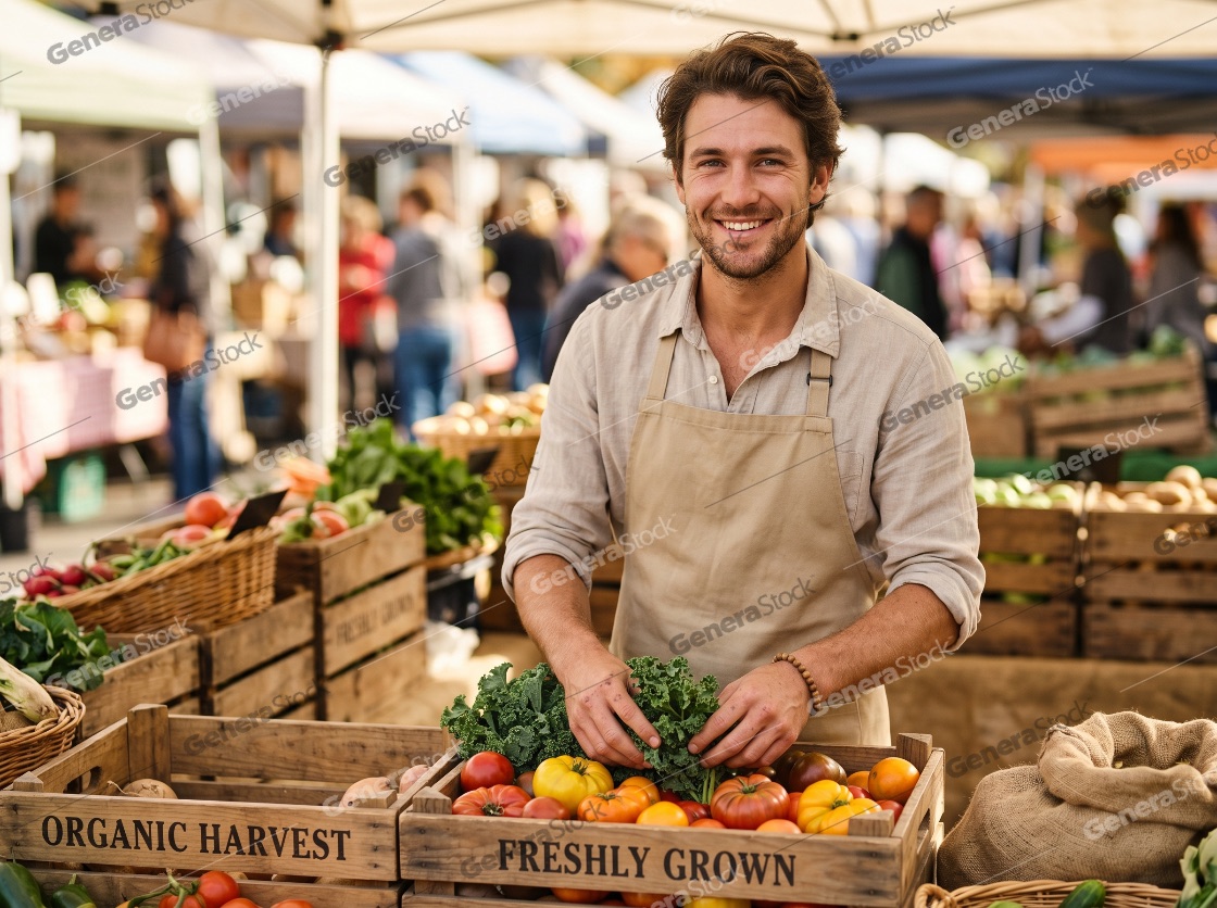 Smiling Young Farmer Selling Fresh Organic Vegetables at a Local Farmers Market