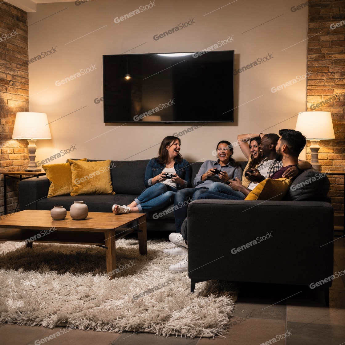 A diverse group of happy young friends laughing and playing vide
