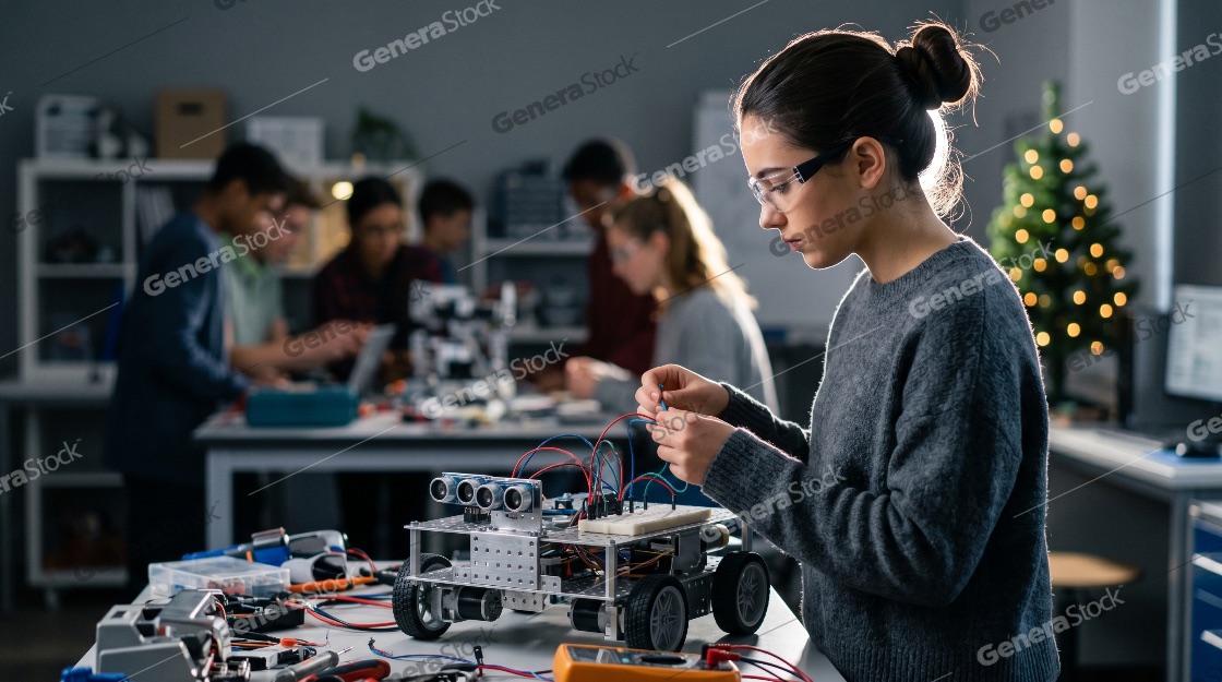 Young female student building a robot in a science and technology classroom