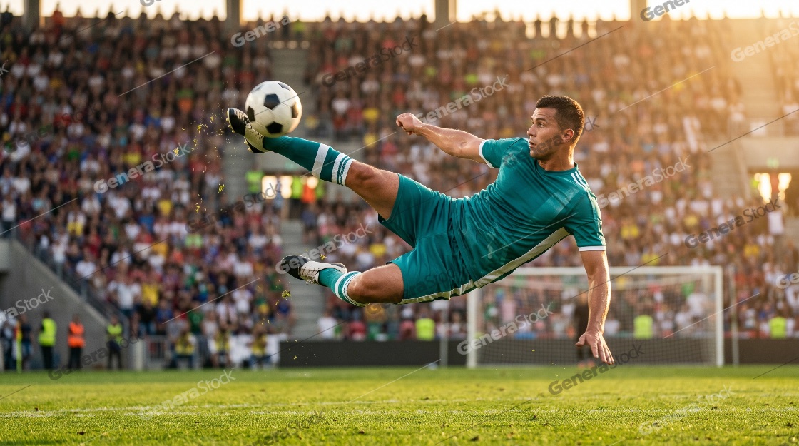 Professional soccer player in a teal uniform performing a spectacular bicycle kick during a match in a crowded stadium at sunset