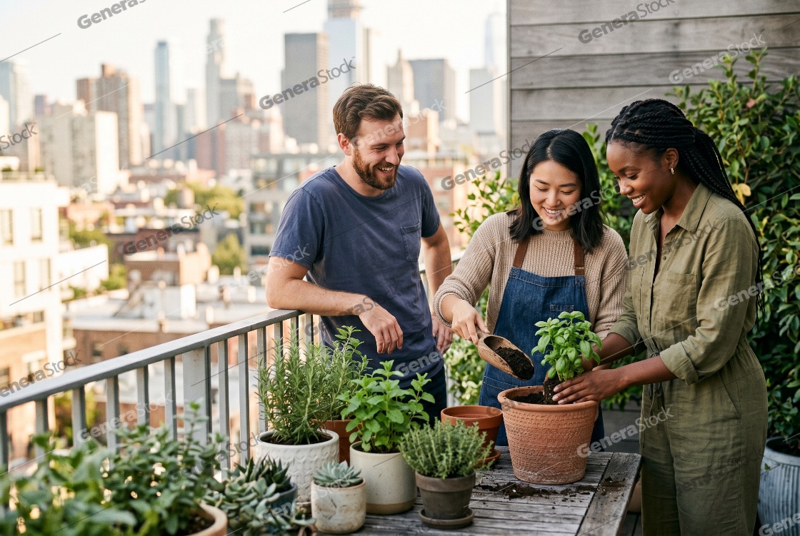 Happy multiethnic friends gardening and planting herbs in pots on an urban rooftop balcony with a city skyline background