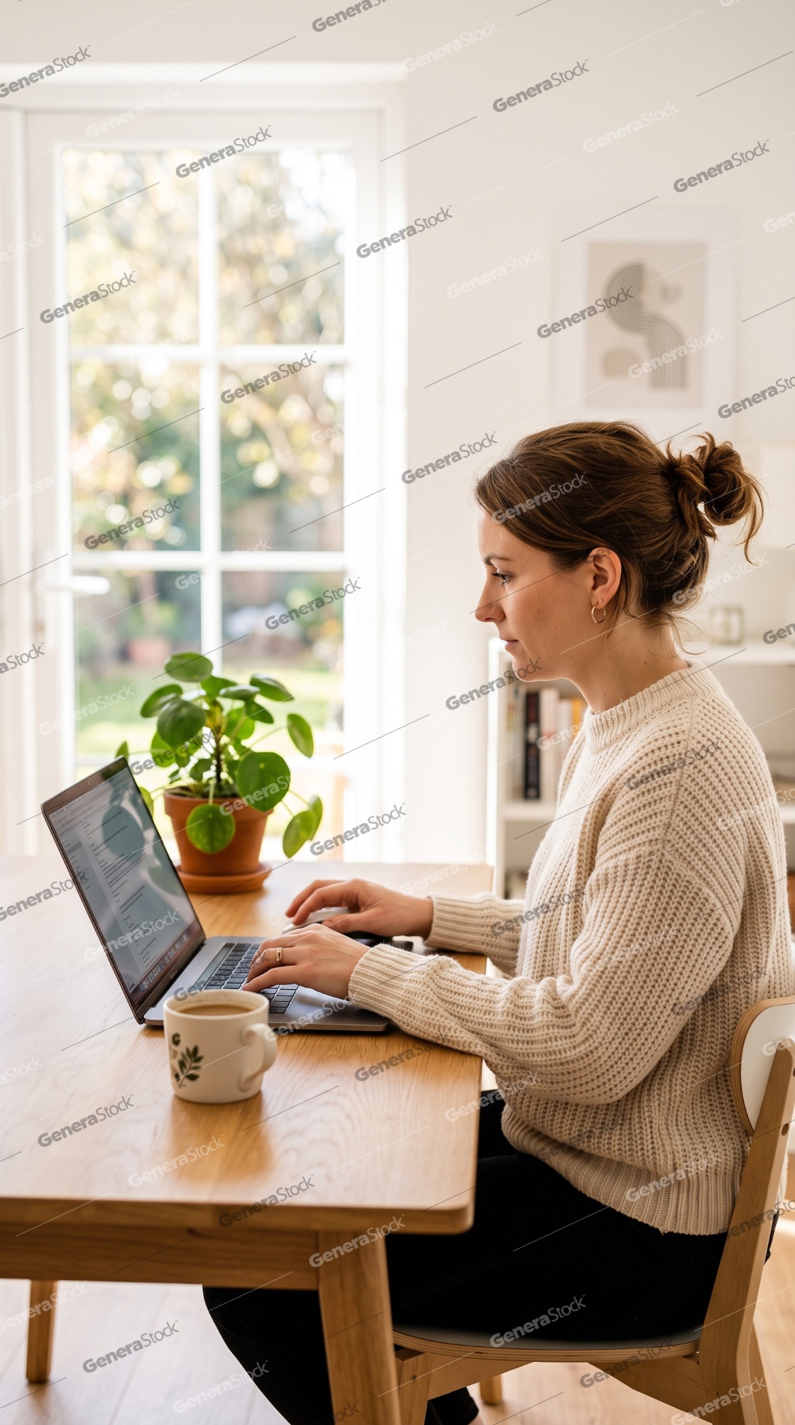 Professional young woman working remotely on a laptop at a woode