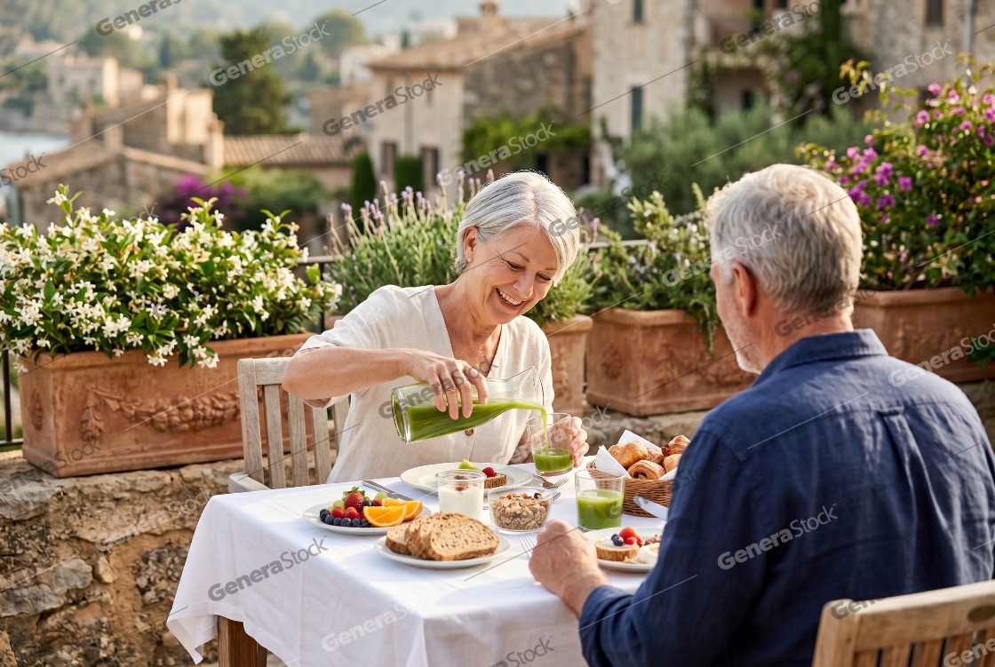 Happy Senior Couple Enjoying Healthy Breakfast on a Sunny Outdoor Terrace in a Mediterranean Village