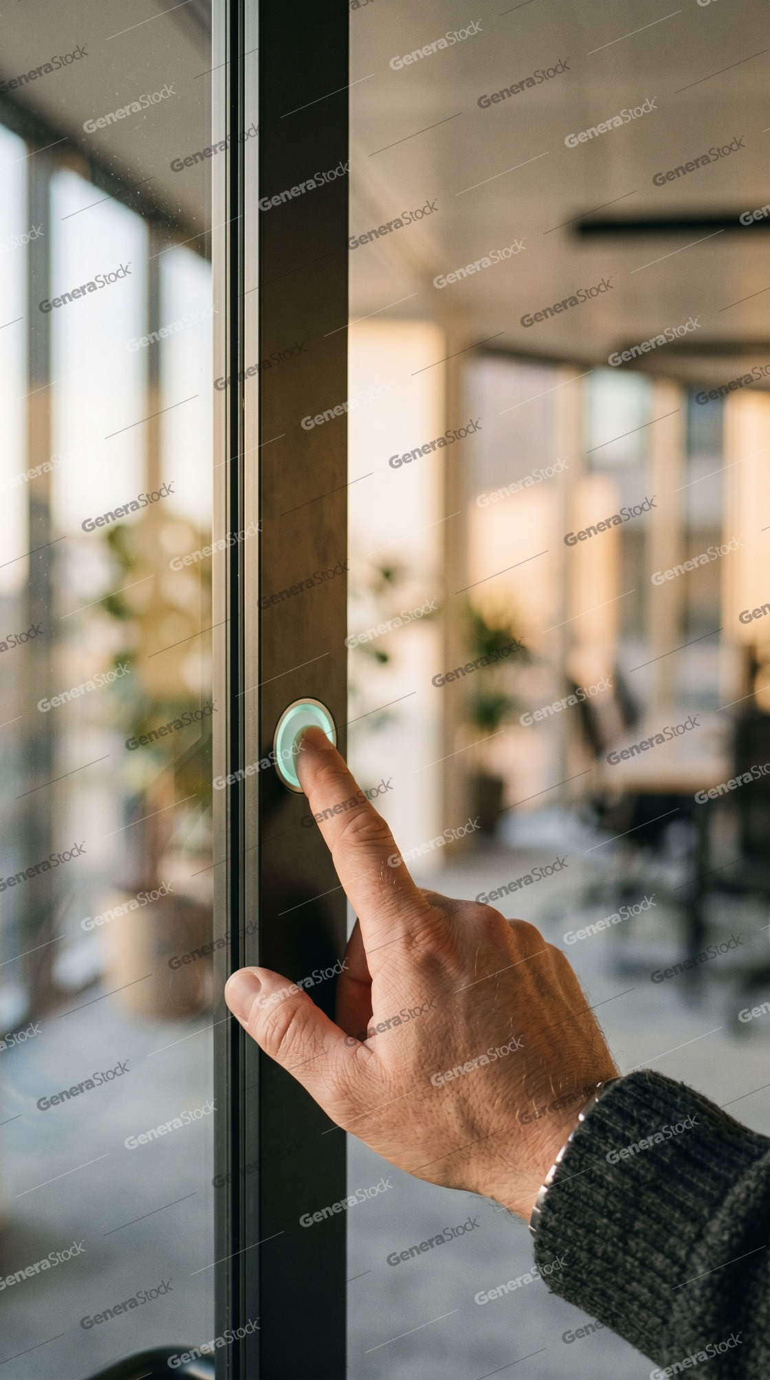 Close-up of a hand pressing a glowing green button on a modern glass office door frame