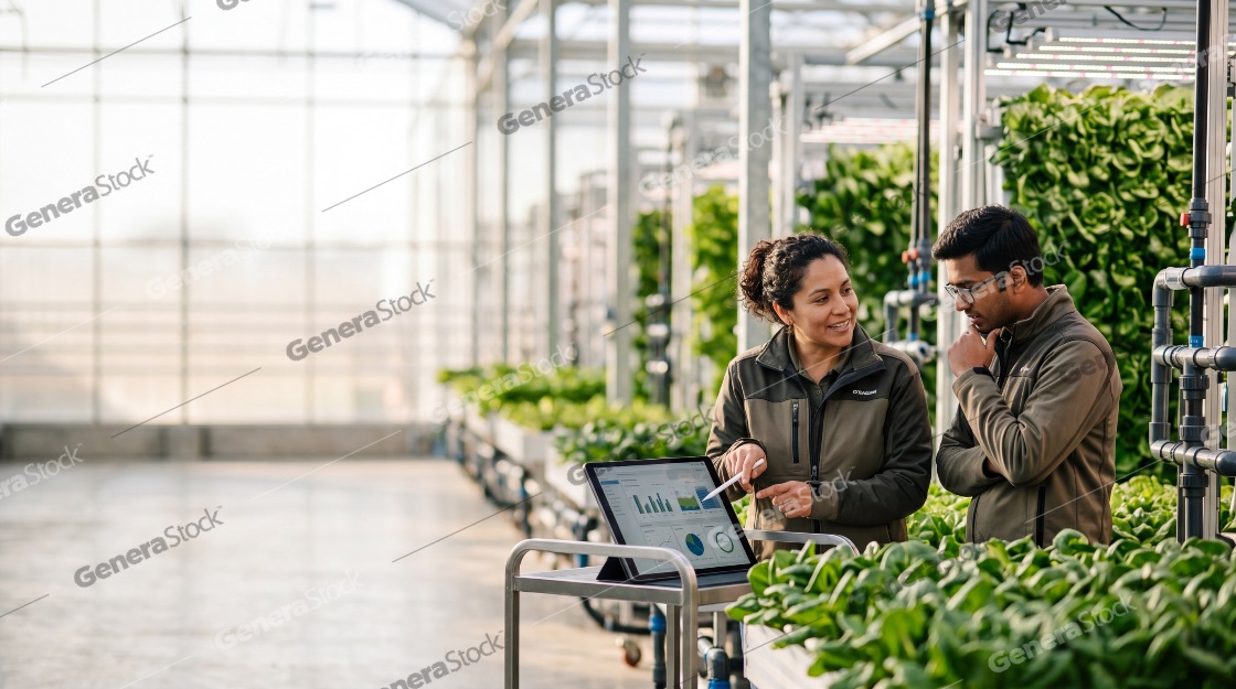 Agricultural Scientists Analyzing Data on a Tablet in a Modern Vertical Farm Greenhouse