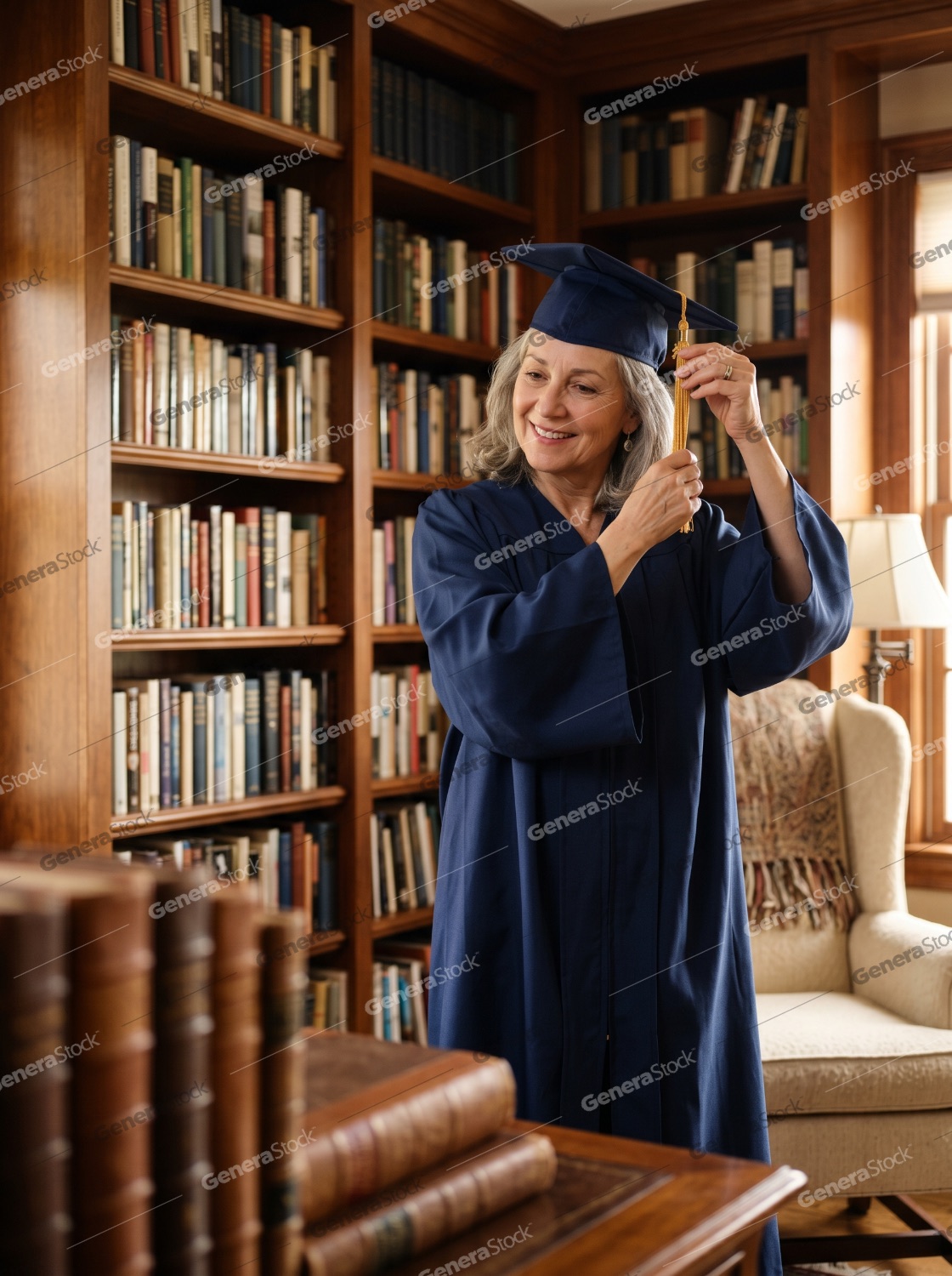 Proud senior woman in blue graduation gown and cap adjusting her tassel in a library