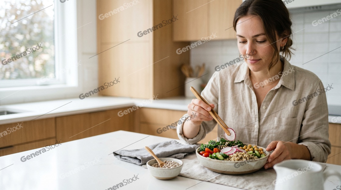 Young woman preparing a healthy vegan Buddha bowl with fresh vegetables in a bright kitchen