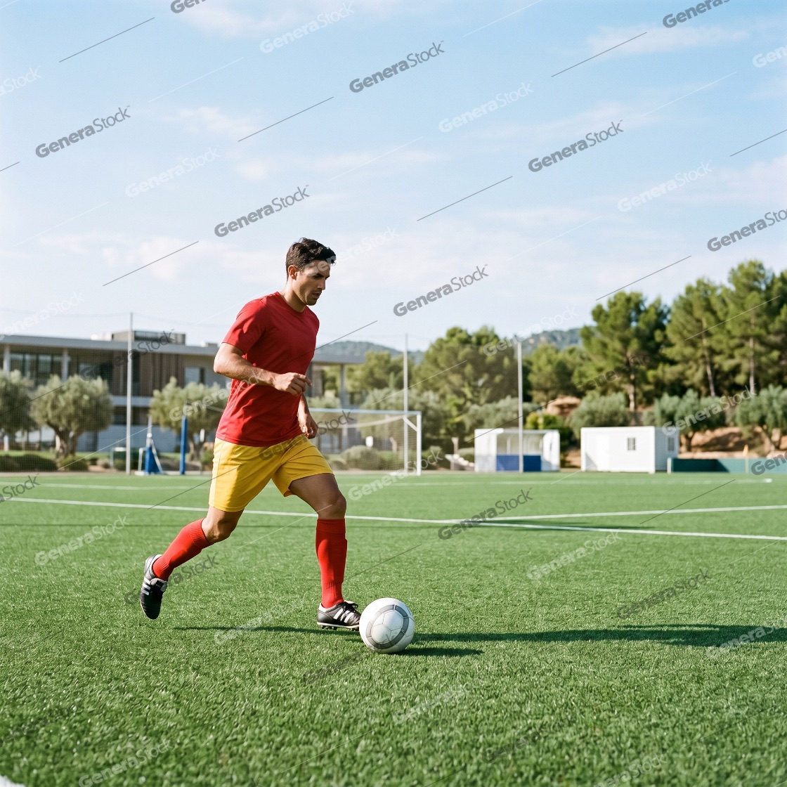 Professional soccer player in a red jersey and yellow shorts dribbling a ball on a green turf field during a training session