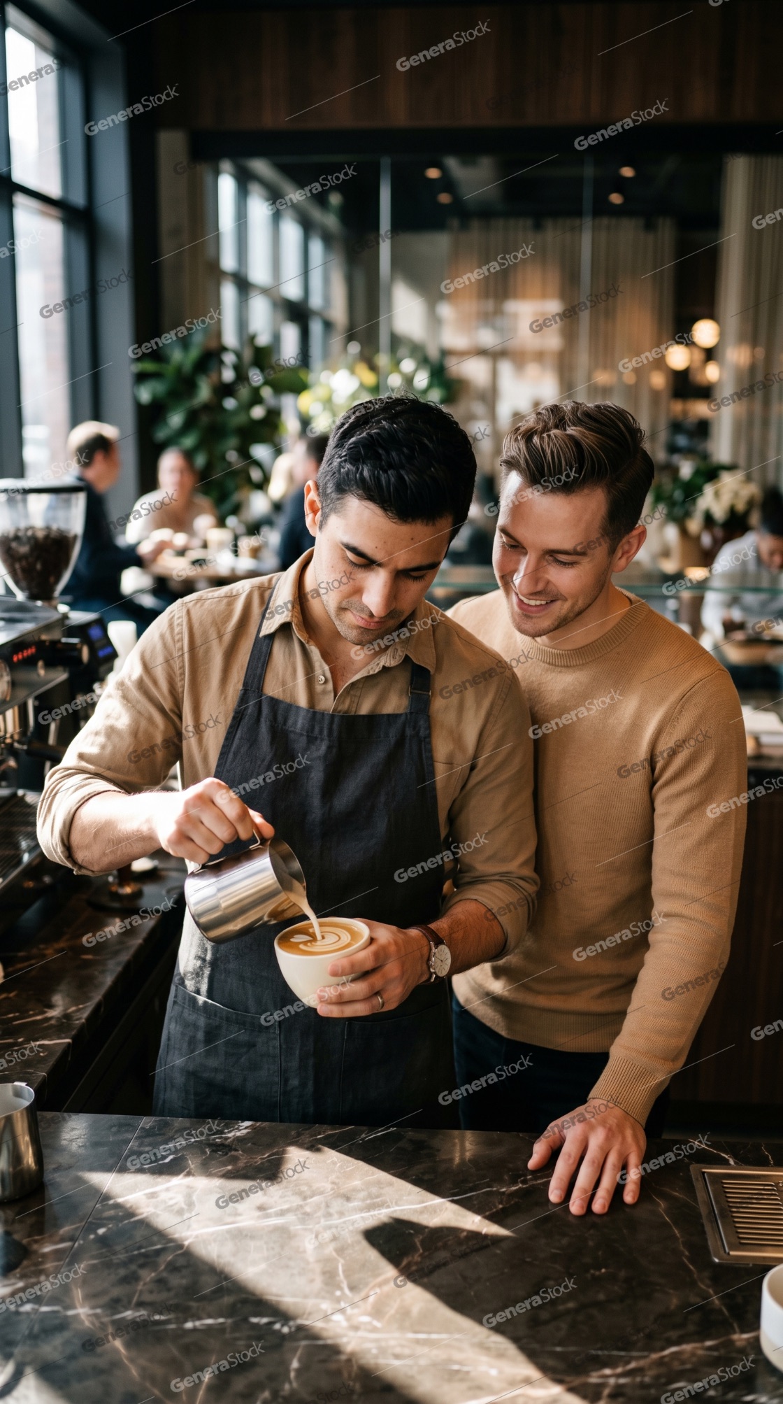Skilled barista in a black apron pouring steamed milk into a cup to create latte art as a male customer looks on in a stylish coffee shop
