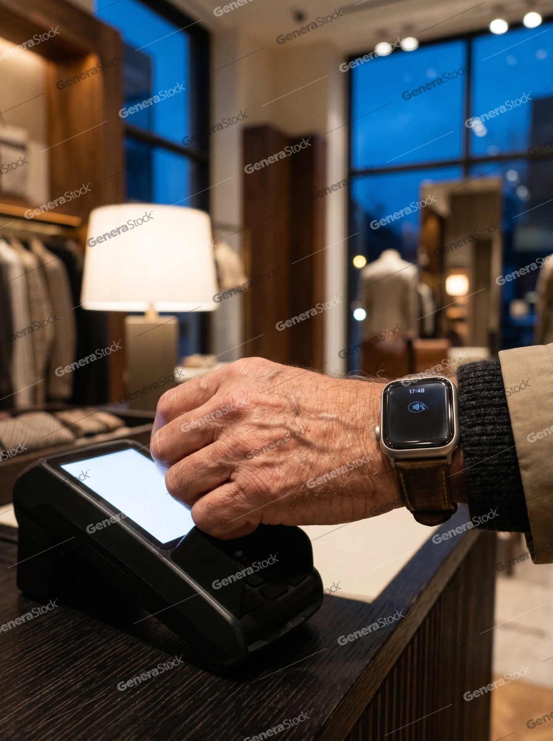 Close-up of a man making a contactless payment with a smartwatch in a luxury clothing store