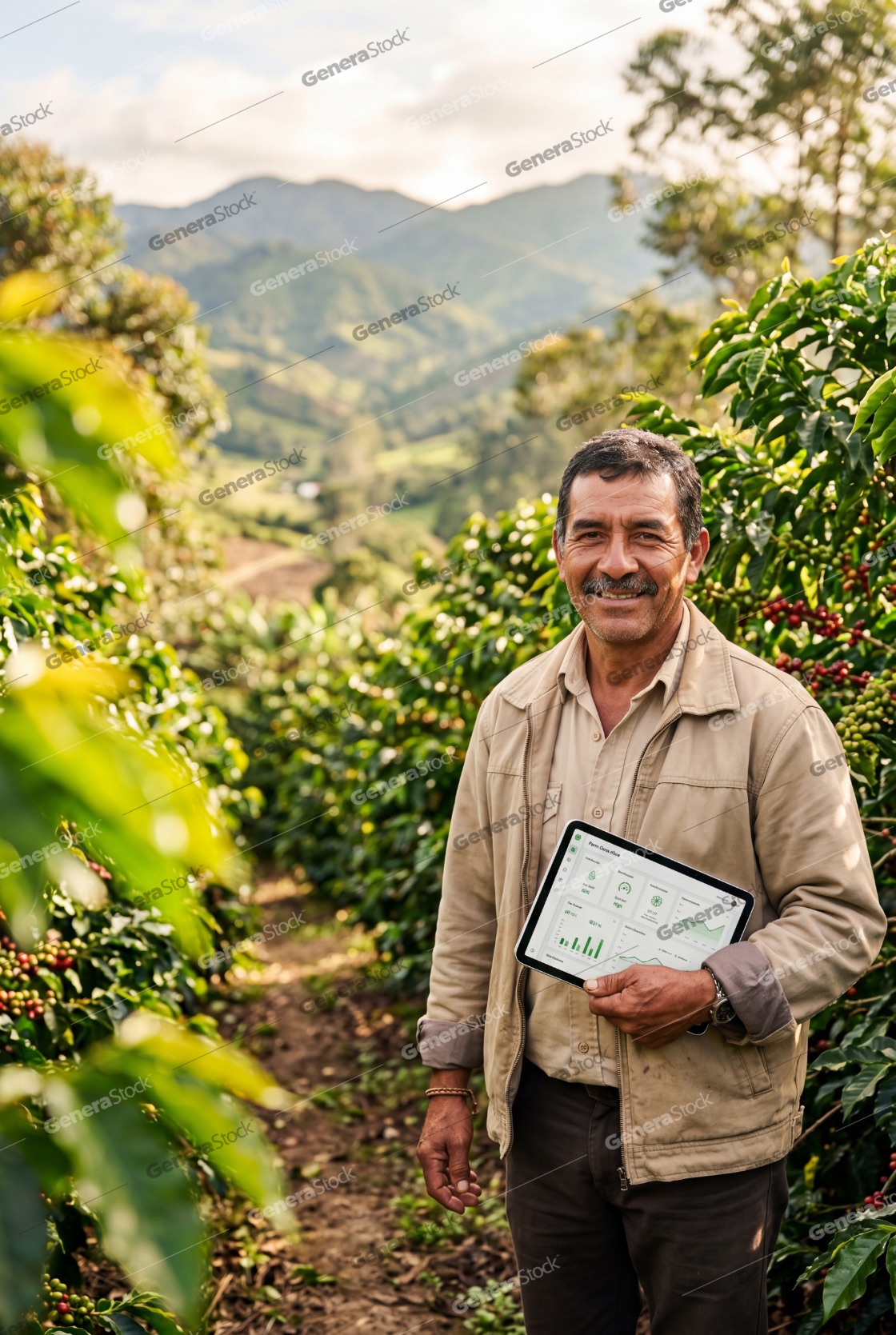 Portrait of a smiling Hispanic farmer holding a digital tablet in a lush coffee plantation with mountain views