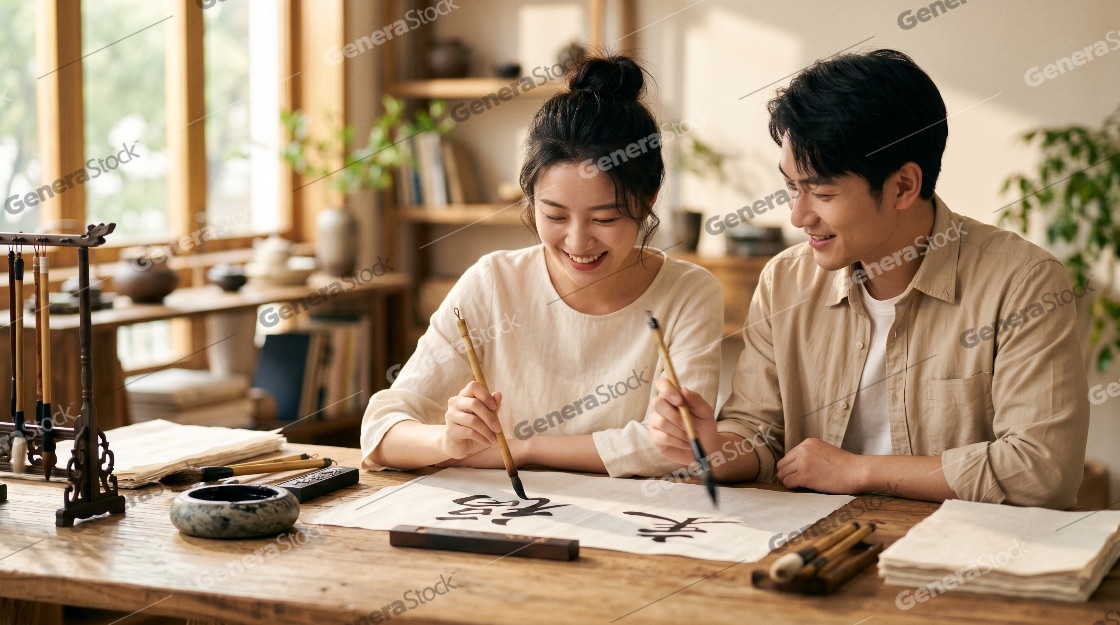 Young Asian couple smiling while practicing traditional Chinese calligraphy with brushes and ink on rice paper in a bright studio