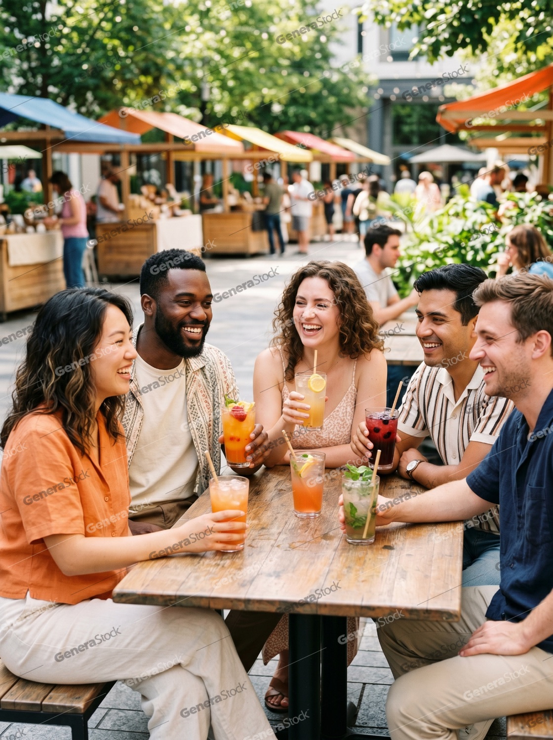 Diverse group of happy friends laughing and enjoying colorful cocktails at an outdoor summer market