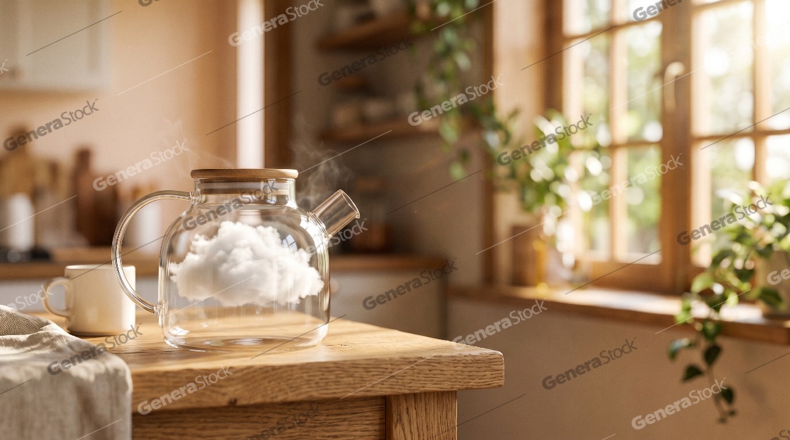 Surreal conceptual image of a fluffy white cloud inside a steaming glass teapot on a rustic wooden kitchen table