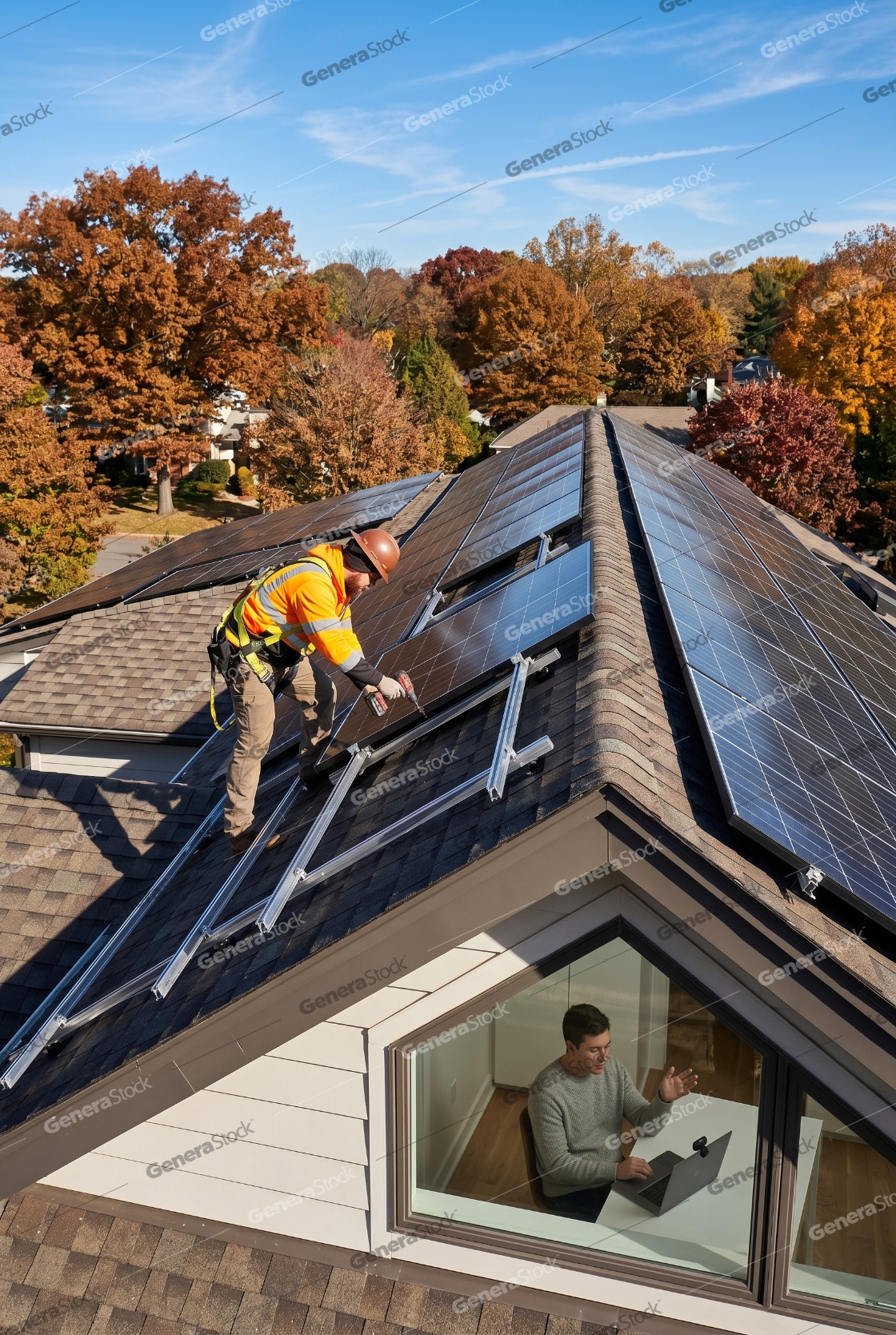 Professional technician installing solar panels on a residential roof while homeowner works from home