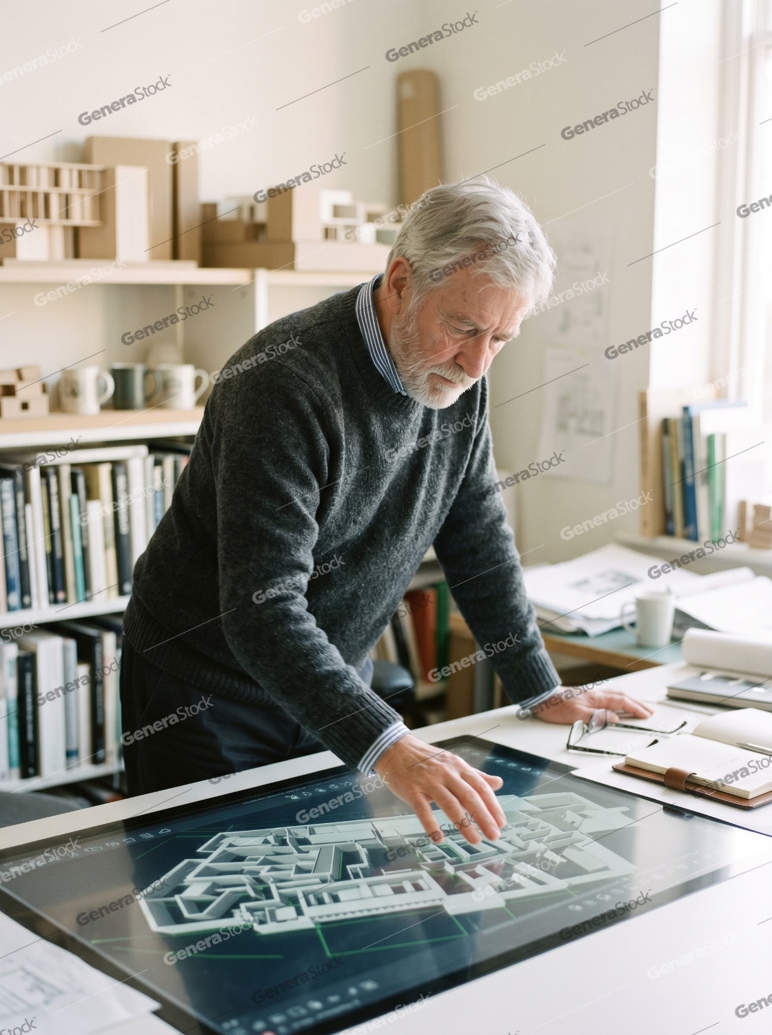 Senior architect working on a digital 3D building model using a large touch screen display in his office