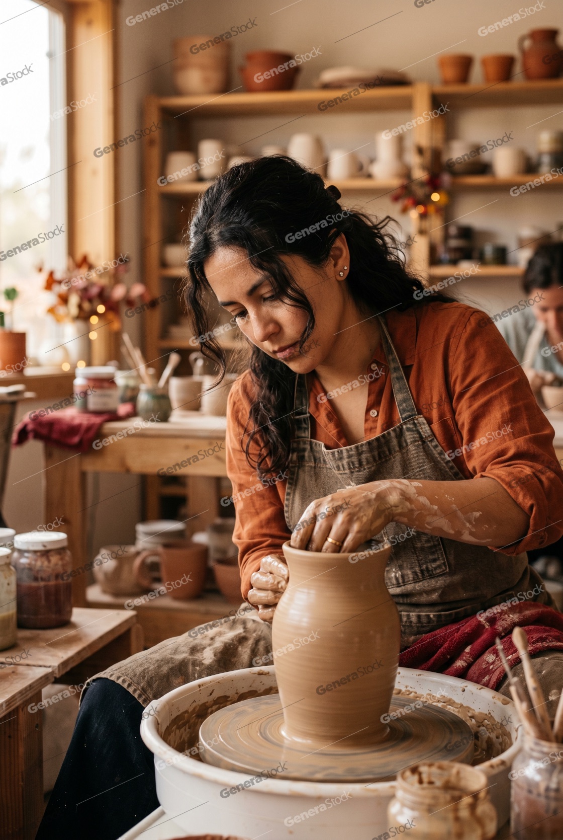 Female artist shaping a clay vase on a spinning pottery wheel in a cozy workshop