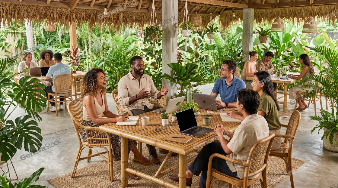 Diverse Group of Digital Nomads Collaborating in a Lush Tropical Coworking Space