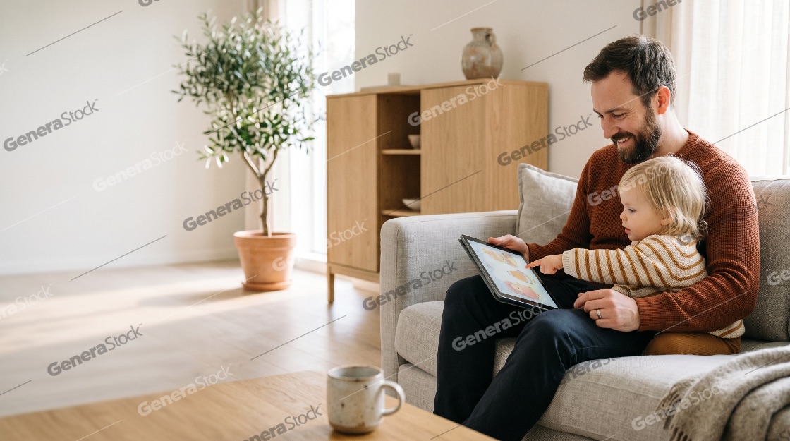 Happy father and toddler daughter sitting on sofa and using digital tablet together in bright living room