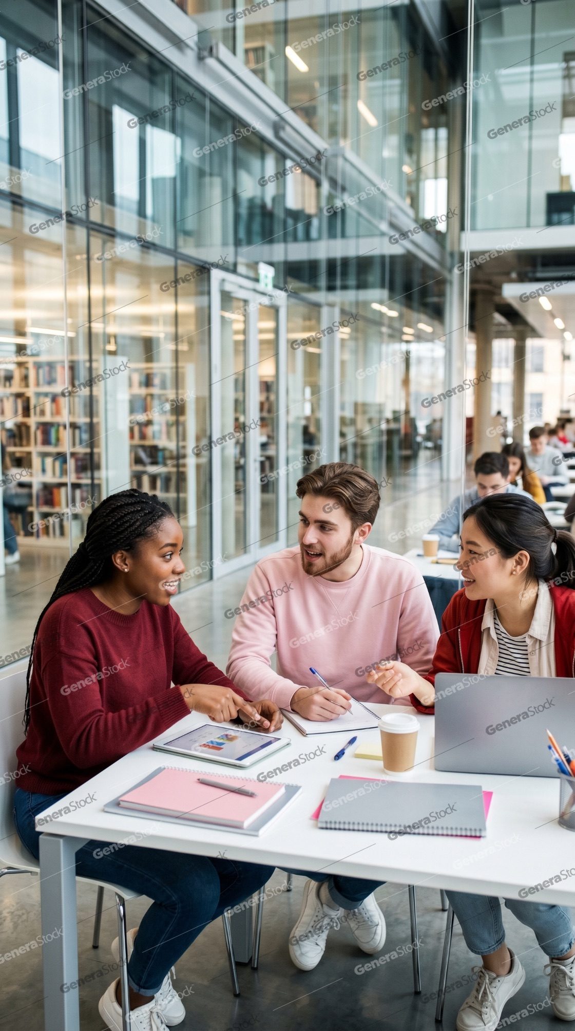 Diverse group of university students collaborating on a project in a modern library, using a laptop, tablet, and notebooks for their studies