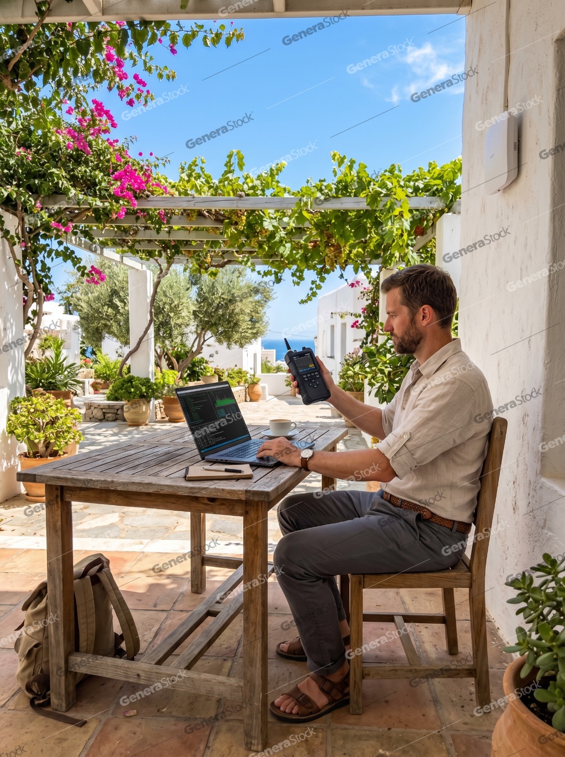 Professional Man Working Remotely with Laptop and Handheld Device on a Mediterranean Terrace