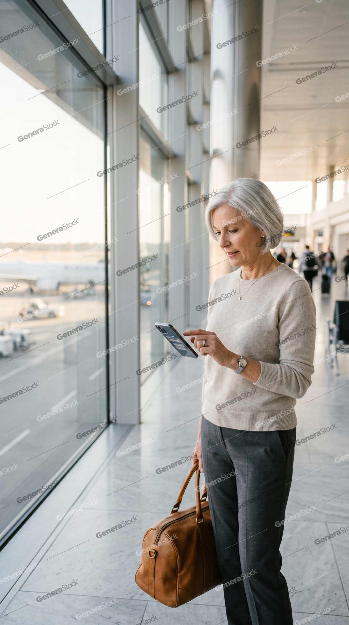 Elegant senior woman with gray hair using a smartphone while waiting in an airport terminal near a large window overlooking the runway