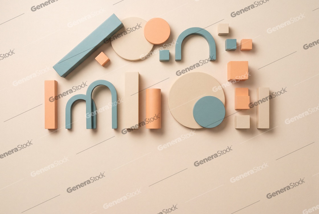 Abstract composition of pastel geometric 3D shapes on a neutral beige background with copy space