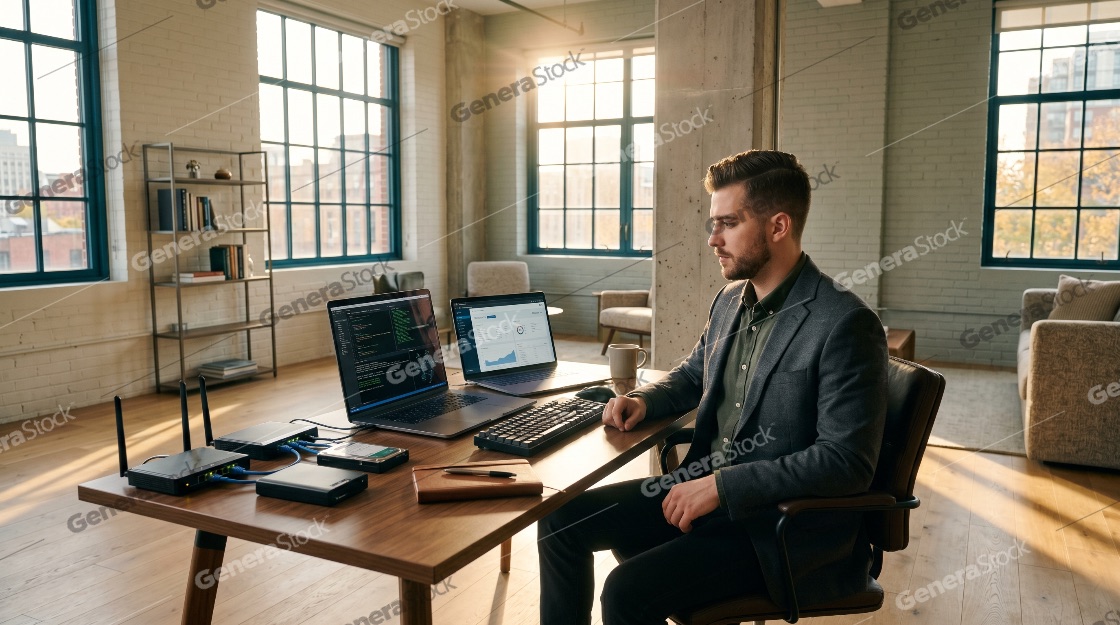 Professional IT Specialist Working with Multiple Laptops and Networking Equipment in Modern Sunlit Office