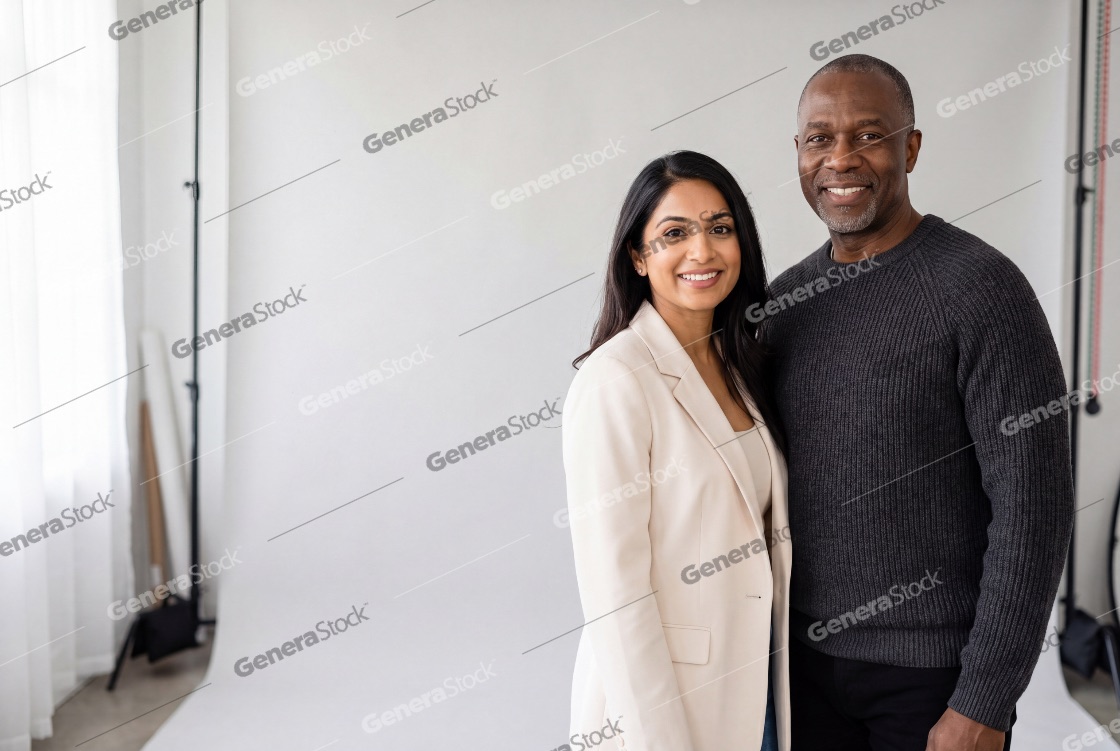 A professional portrait of a diverse duo, featuring a young Indian woman in a white blazer and a senior Black man in a grey sweater, smiling warmly in a bright photography studio setting
