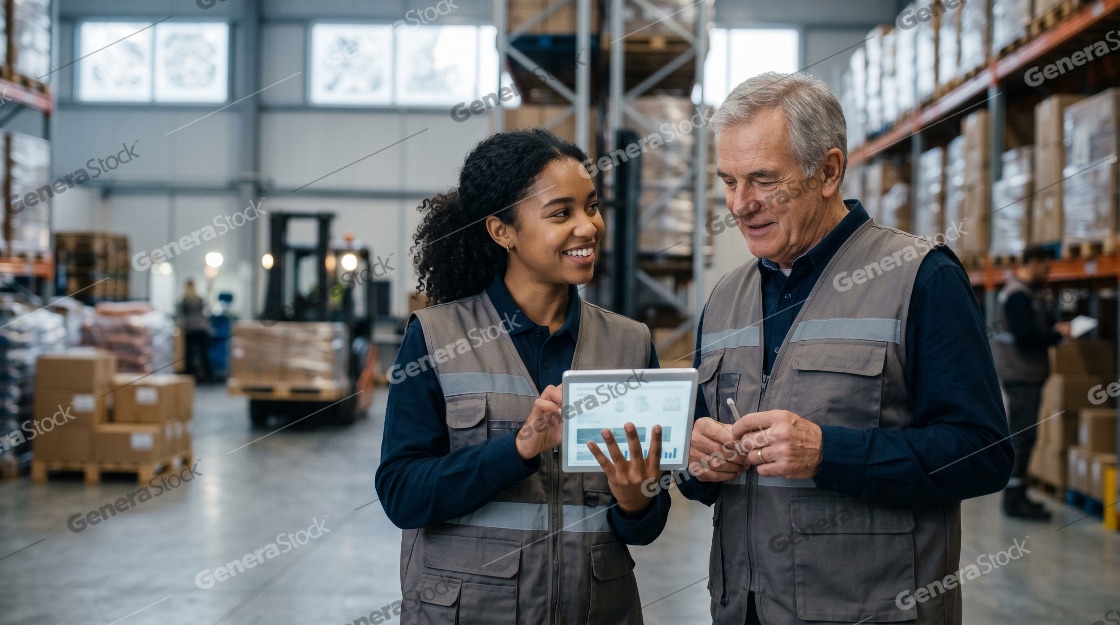 Diverse warehouse employees discussing inventory data on a digital tablet in a modern logistics facility