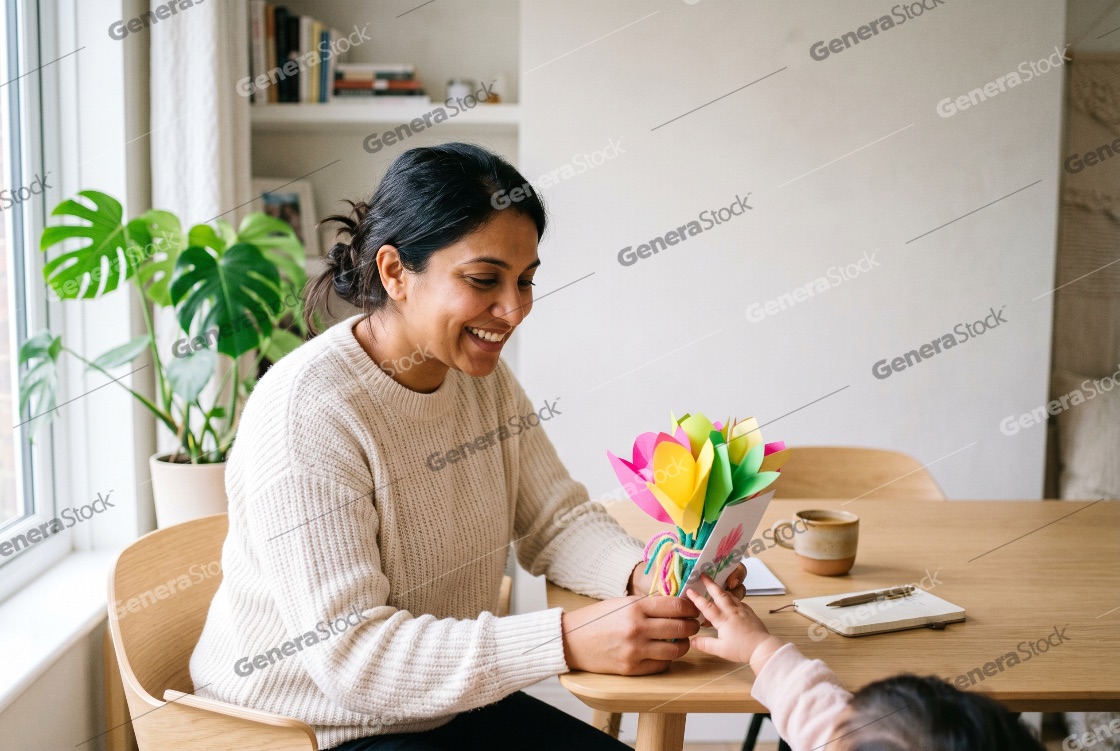 Happy Indian mother receiving handmade paper flowers and a greeting card from her child at home