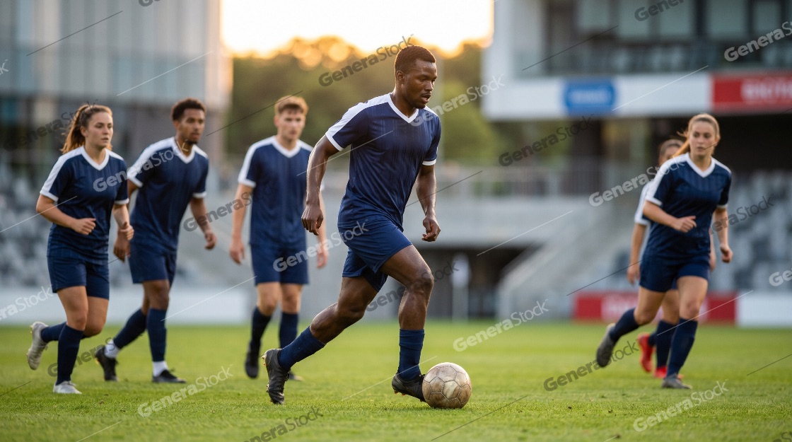 Professional soccer player dribbling a ball on a green field during a match with teammates in the background at sunset