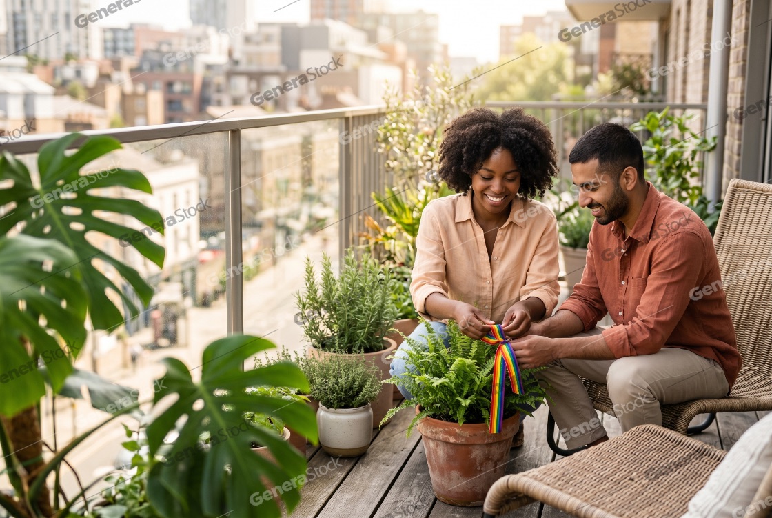 Happy diverse couple decorating their urban balcony garden with a rainbow pride ribbon on a potted plant