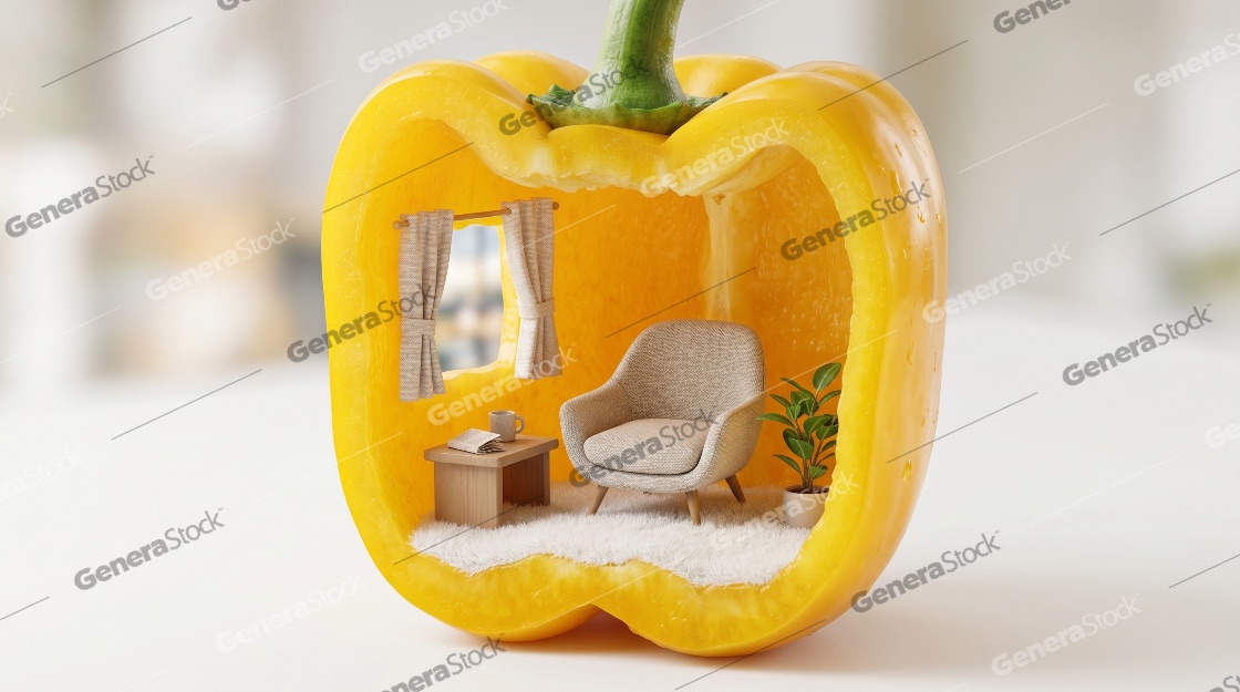 Surreal conceptual art of a cozy miniature living room interior with an armchair and window inside a fresh yellow bell pepper