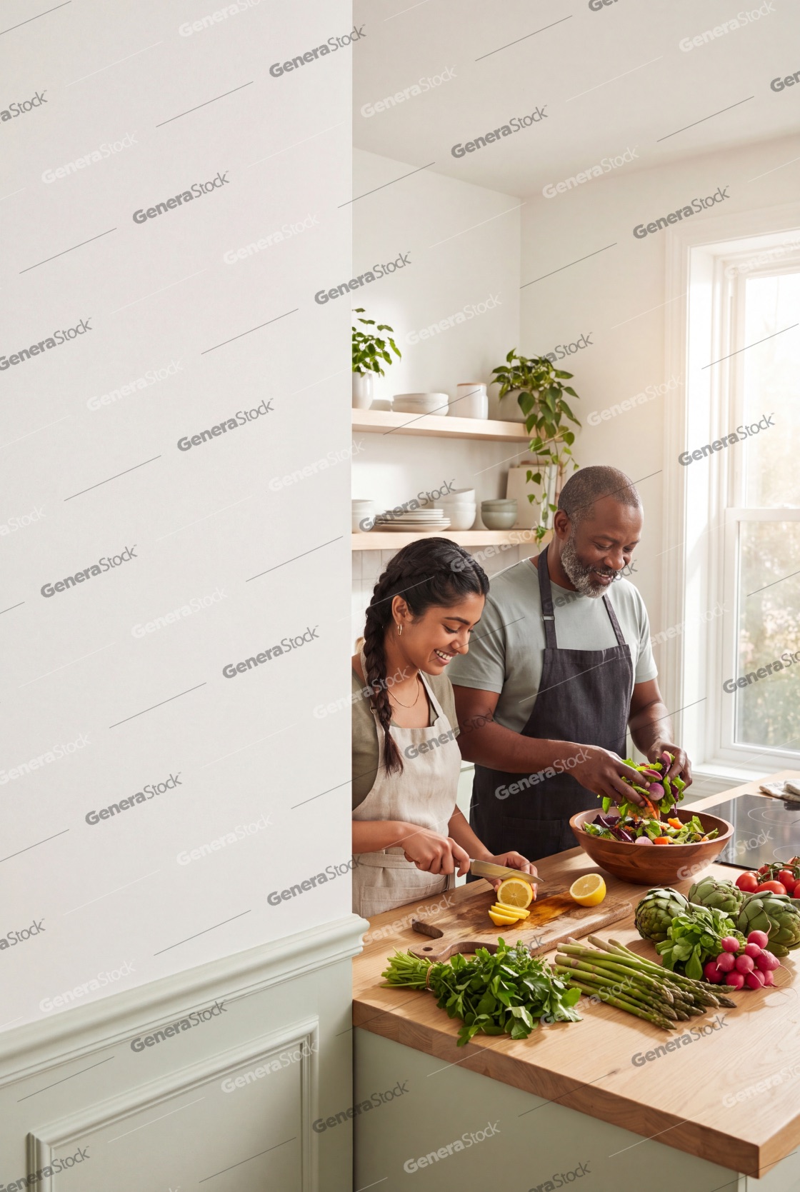 A happy diverse couple, a South Asian woman and an African American man, enjoy cooking a healthy meal together in a bright, modern kitchen, preparing fresh salad and vegetables on a wooden counter