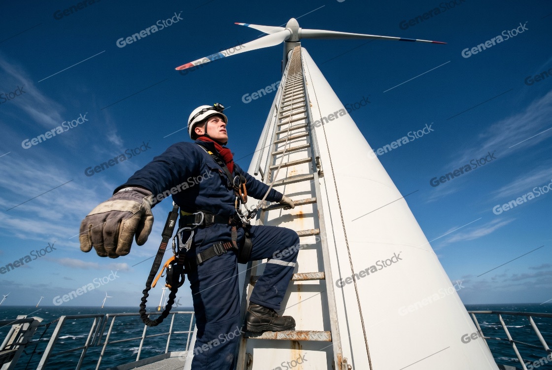 Engineer in safety gear climbing the ladder of an offshore wind turbine for maintenance against a clear blue sky